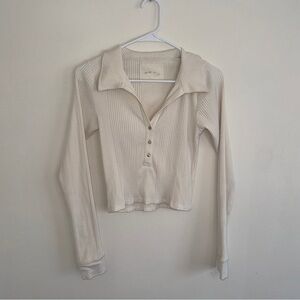 Aerie Cream Beige White Ribbed Longsleeve Collar Medium
